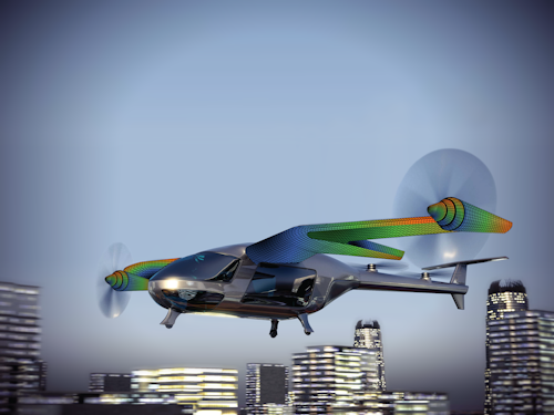 Simulation model of a VTOL flying above a digitally rendered cityscape